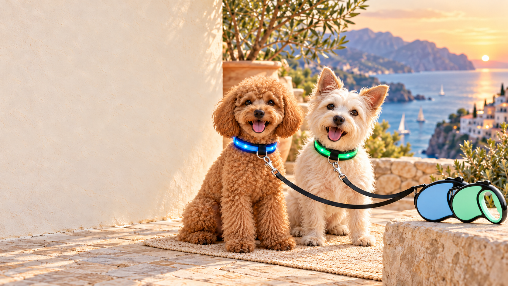 Dos perros con collares LED LumiPaseo y correas extensibles Ruta