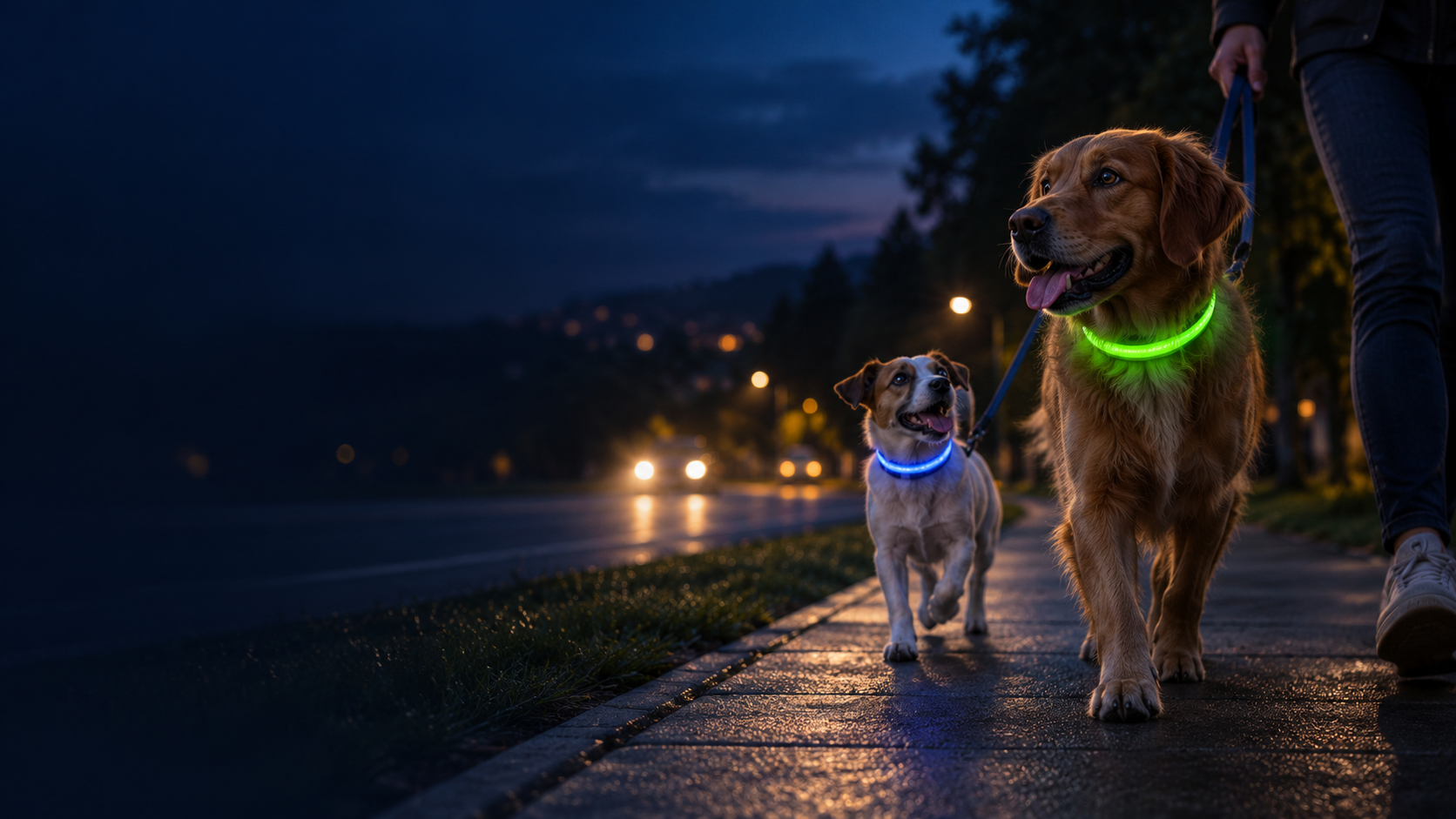 Dos perros con collares LED en un paseo nocturno