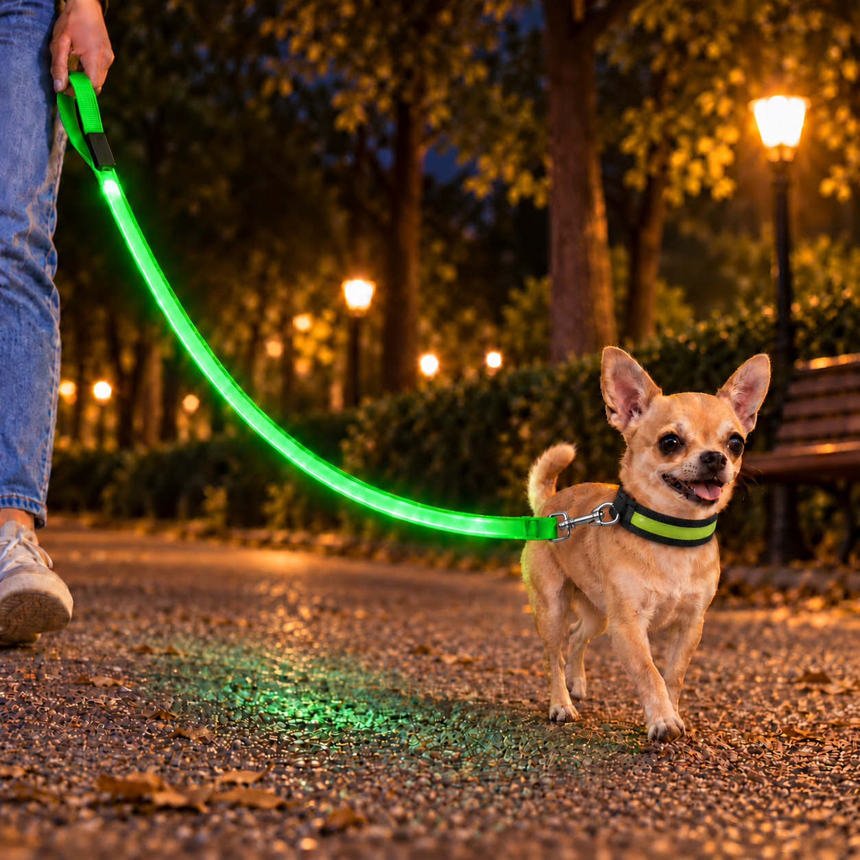 Chihuahua de noche con correa LED verde LumiPaseo Brilla y collar LumiPaseo apagado