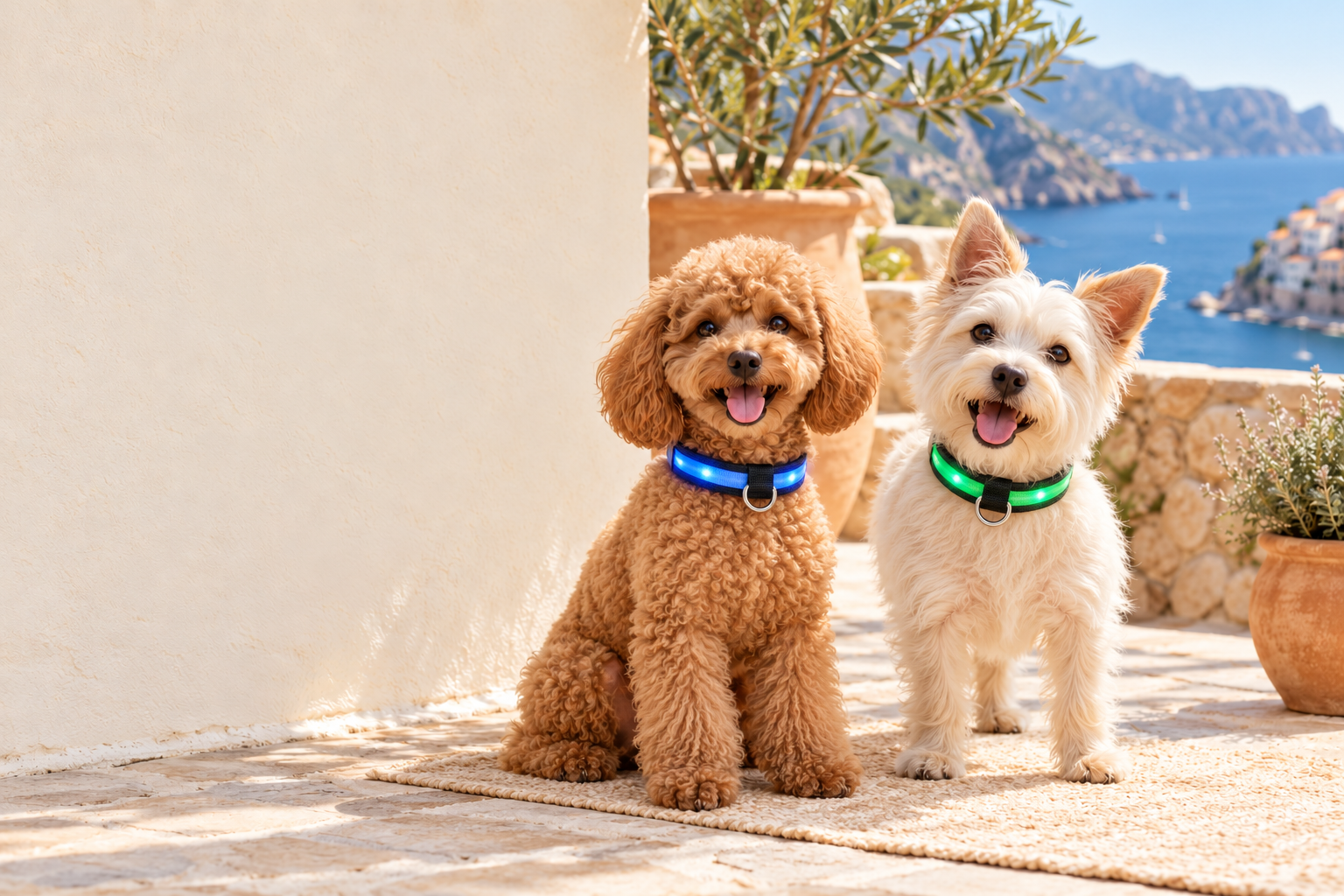 Dos perros pequeños con collares LED LumiPaseo azul y verde